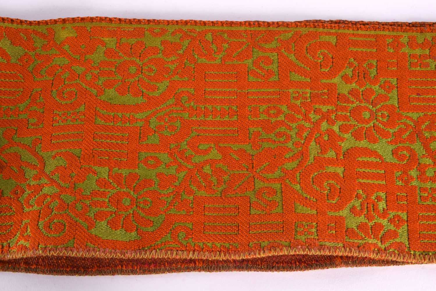 A 19TH CENTURY TURKISH ORANGE AND RED SILK EMBROIDERED BELT decorated with gold motifs. 280 cm - Image 4 of 8