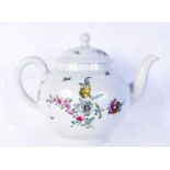 AN 18TH CENTURY ENGLISH PORCELAIN TEAPOT AND COVER painted with floral sprays. 18 cm wide.