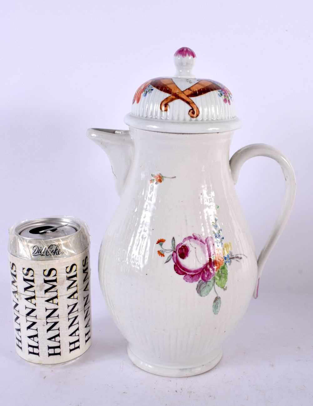 A LARGE 18TH CENTURY CONTINENTAL COFFEE POT AND COVER painted with flowers. 27 cm high.