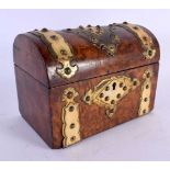 AN ANTIQUE BURR WALNUT BRASS BOUND TEA CADDY. 21 cm x 15 cm.