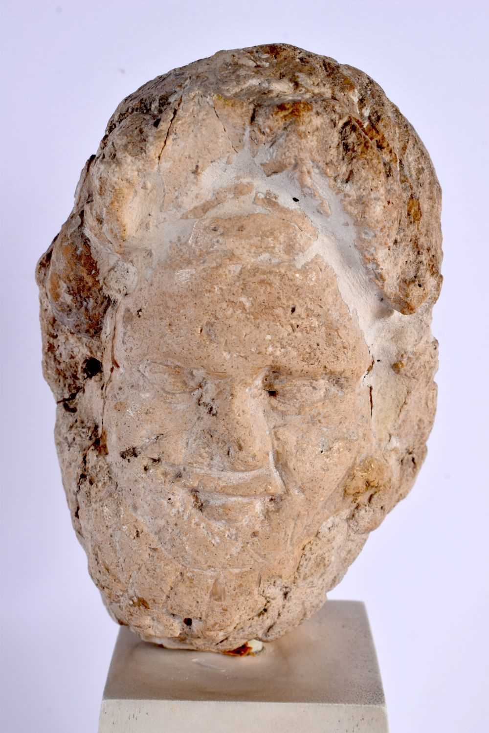 A RARE ROMANO BRITISH CARVED LIMESTONE HEAD C200AD depicting an elderly male, upon a white painted - Image 2 of 4