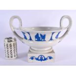 A RARE LARGE 19TH CENTURY WEDGWOOD TWIN HANDLED PLANTER overlaid with blue glazed classical figures.