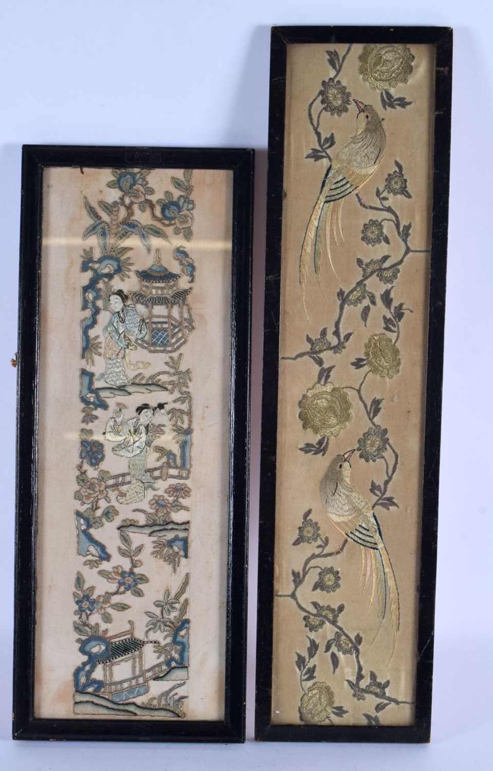 TWO 19TH CENTURY CHINESE SILK EMBROIDERED PANELS depicting birds and figures. Largest 50 cm x 10 cm.