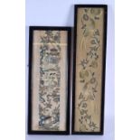 TWO 19TH CENTURY CHINESE SILK EMBROIDERED PANELS depicting birds and figures. Largest 50 cm x 10 cm.