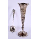 A LATE 19TH CENTURY CHINESE EXPORT SILVER VASE together with silver spoon. 73 grams. Largest 22 cm