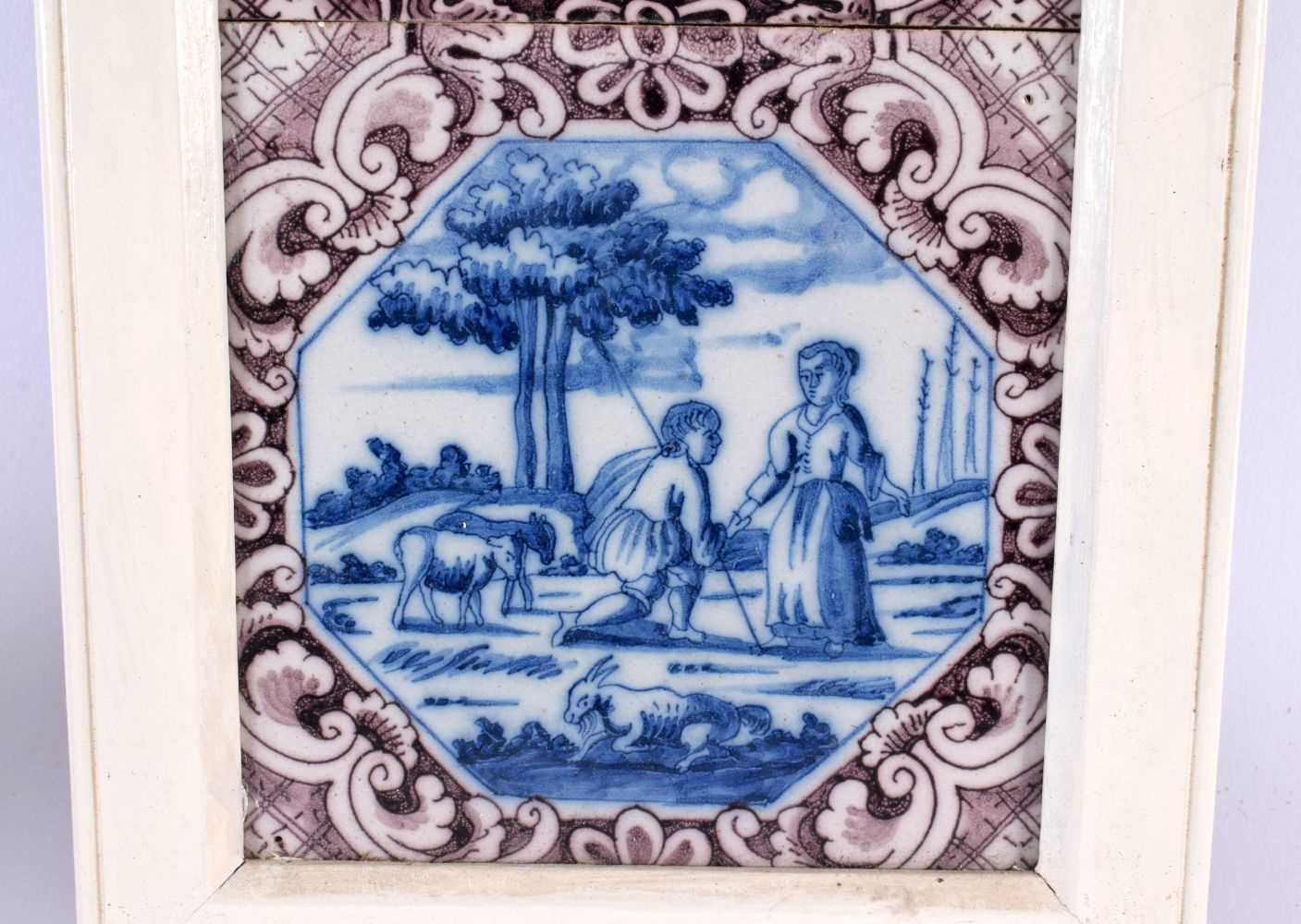 A SET OF THREE 18TH CENTURY DUTCH DELFT MANGANESE BLUE AND WHITE TILES. 42 cm x 15 cm. - Image 4 of 5
