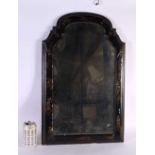 AN EDWARDIAN COUNTRY HOUSE BLACK LACQUER MIRROR depicting chinoiserie scenes. 65 cm x 42 cm.