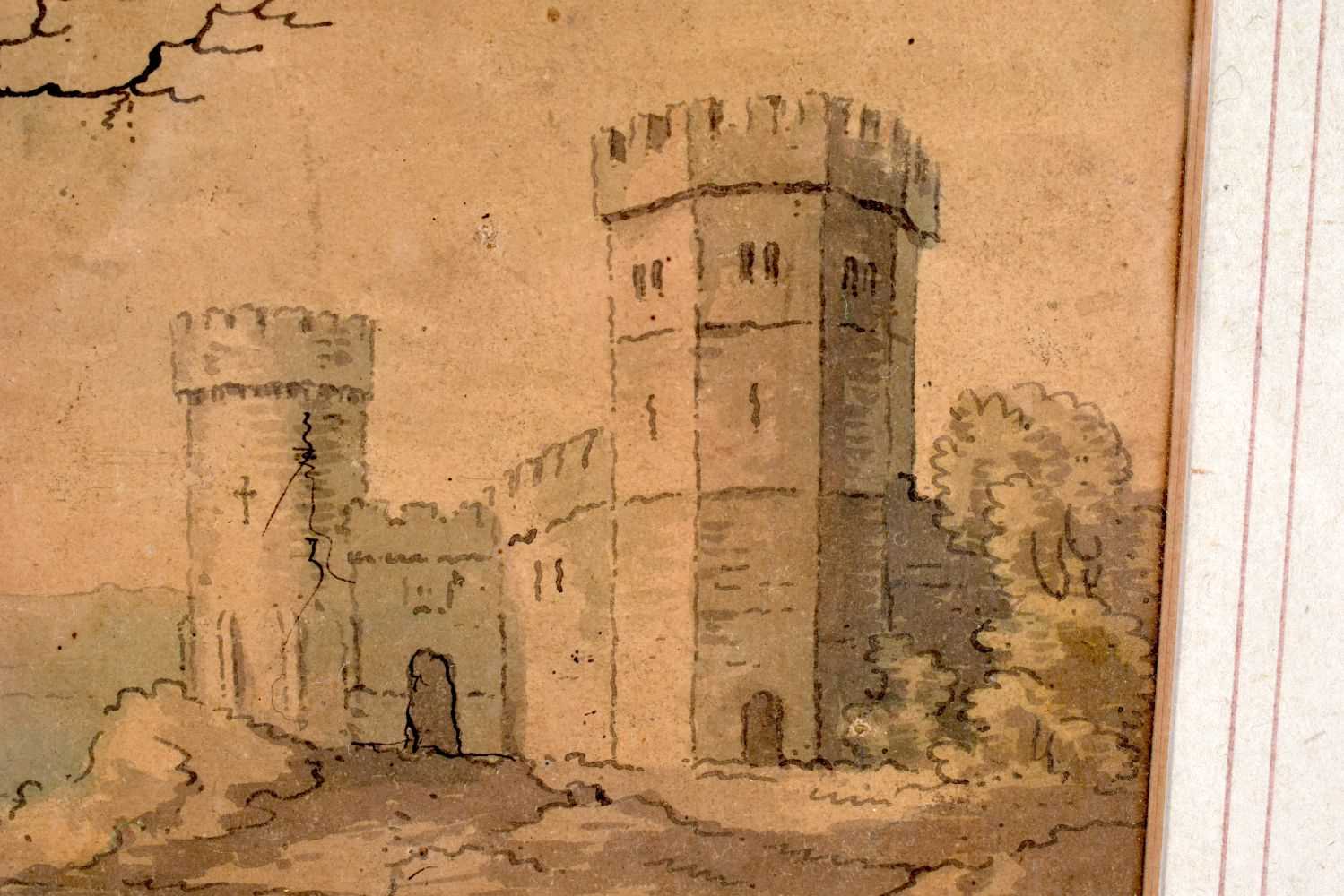 English School (18th Century) Watercolour, Castle scene. 36 cm x 32 cm. - Image 2 of 5