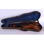 A CASED TWO PIECE BACK VIOLIN with two bows. 59 cm long, length of back 35.5 cm. (3)