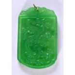 A CHINESE GOLD MOUNTED SPINACH JADE DRAGON PENDANT 20th Century. 6 cm x 4 cm.