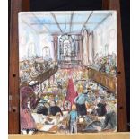 A mixed media picture on board of the busy church interior of St George's church in the town of