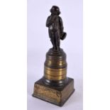 A 19TH CENTURY EUROPEAN GRAND TOUR BRONZE FIGURE OF A MALE modelled upon a bronze pedestal base.