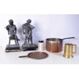 A pair of Spelter figures together with a copper pan and a tankard largest 34 cm (4) .