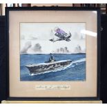 A framed watercolour of the HMS Ark Royal by 'R.Greenfield' 1941. 43 x 48cm.