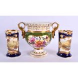 19th century Chamberlain’s Worcester two handled vase and two cobalt blue ground spill vases