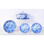A RARE 19TH CENTURY WEDGWOOD BLUE AND WHITE SOUP BOWL ON STAND together with saucers. Largest 16