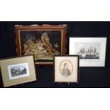 A framed 19th century Naval lithograph together with an etching, aquatint portrait of a male and a