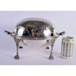 A LARGE VICTORIAN SILVER PLATED REVOLVING MEAT DISH with paw feet. 34 cm x 20 cm.