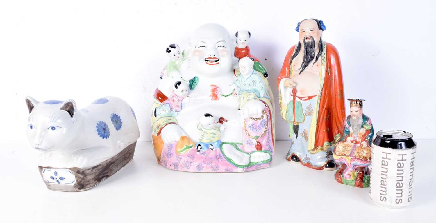 A Chinese Republic period porcelain famille rose Buddha together with other ceramics. Largest