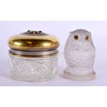 A NOVELTY EDWARDIAN CUT GLASS AND BRASS OWL BOX AND COVER together with an art deco glass figure