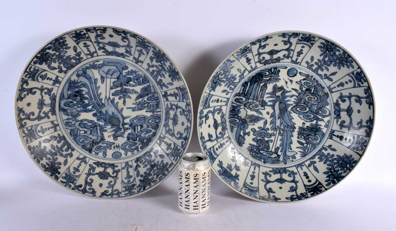 A PAIR OF 17TH CENTURY CHINESE BLUE AND WHITE PORCELAIN CHARGERS Ming. 37 cm diameter.