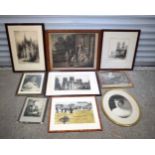 A collection of framed antique etchings, photographs,and watercolour largest 51 x 65 cm (9).