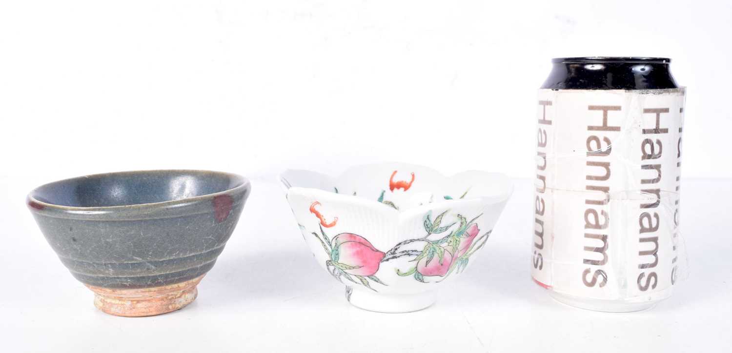 A Chinese Haresfoot bowl together with porcelain bowl decorated with peach and bats. 6 x 12cm (2).