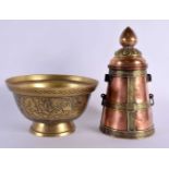 A 19TH CENTURY CHINESE BRONZE CENSER together with a Tibetan mixed metal copper vessel and cover.