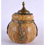AN AUSTRIAN SECCIONIST MOVEMENT POTTERY BARREL AND COVER overlaid with gilt metal motifs. 15 cm x