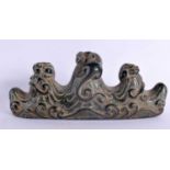 A CHINESE CARVED GREEN JADE TYPE BRUSH REST 20th Century. 19 cm wide.