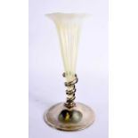 AN EDWARDIAN SILVER PLATED OPALESCENT GLASS POSY VASE. 19 cm high.