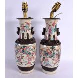A PAIR OF 19TH CENTURY CHINESE CRACKLE GLAZED PORCELAIN LAMPS painted with warriors. 38 cm high.
