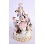 A 19TH CENTURY GERMAN BERLIN FIGURAL PORCELAIN GROUP modelled as drinkers beside a barrel. 24 cm x