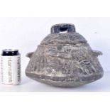 A large Middle Eastern carved stone bowl and cover. 20cm.