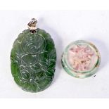 AN EARLY CHINESE POTTERY TOKEN together with a jade pendant. 15 grams. Largest 5 cm x 2.75 cm. (2)