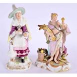 A 19TH CENTURY GERMAN PORCELAIN FIGURE together with a similar figure of a witch. Largest 17 cm