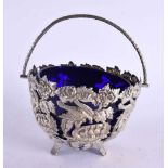 AN UNUSUAL ANTIQUE WHITE METAL BRISTOL BLUE SUGAR BASKET. Metal 111 grams. 15 cm x 11 cm inc