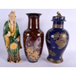 AN ART DECO CARLTONWARE VASE AND COVER together with a Sancai figure & another. Largest 28 cm
