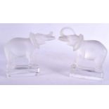 A PAIR OF FRENCH LALIQUE GLASS ELEPHANTS. 16 cm x 14 cm.
