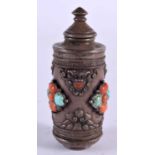 AN ANTIQUE CHINESE TIBETAN SILVER CORAL AND TURQUOISE SNUFF BOTTLE AND STOPPER. 76 grams. 8 cm x 3.5