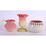 AN ANTIQUE PEACH BLOOM GLASS JUG together with a similar vase & a smaller vase. Largest 11 cm