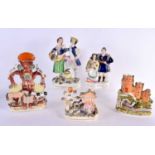 FIVE 19TH CENTURY STAFFORDSHIRE POTTERY FIGURES. Largest 30 cm x 10 cm. (5)