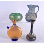 TWO IRIDESCENT GLASS VASES together with a jug and bowl. Largest 13 cm high. (4)