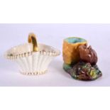 A MINIATURE ROYAL WORCESTER PORCELAIN BASKET together with an unusual majolica mouse table salt.