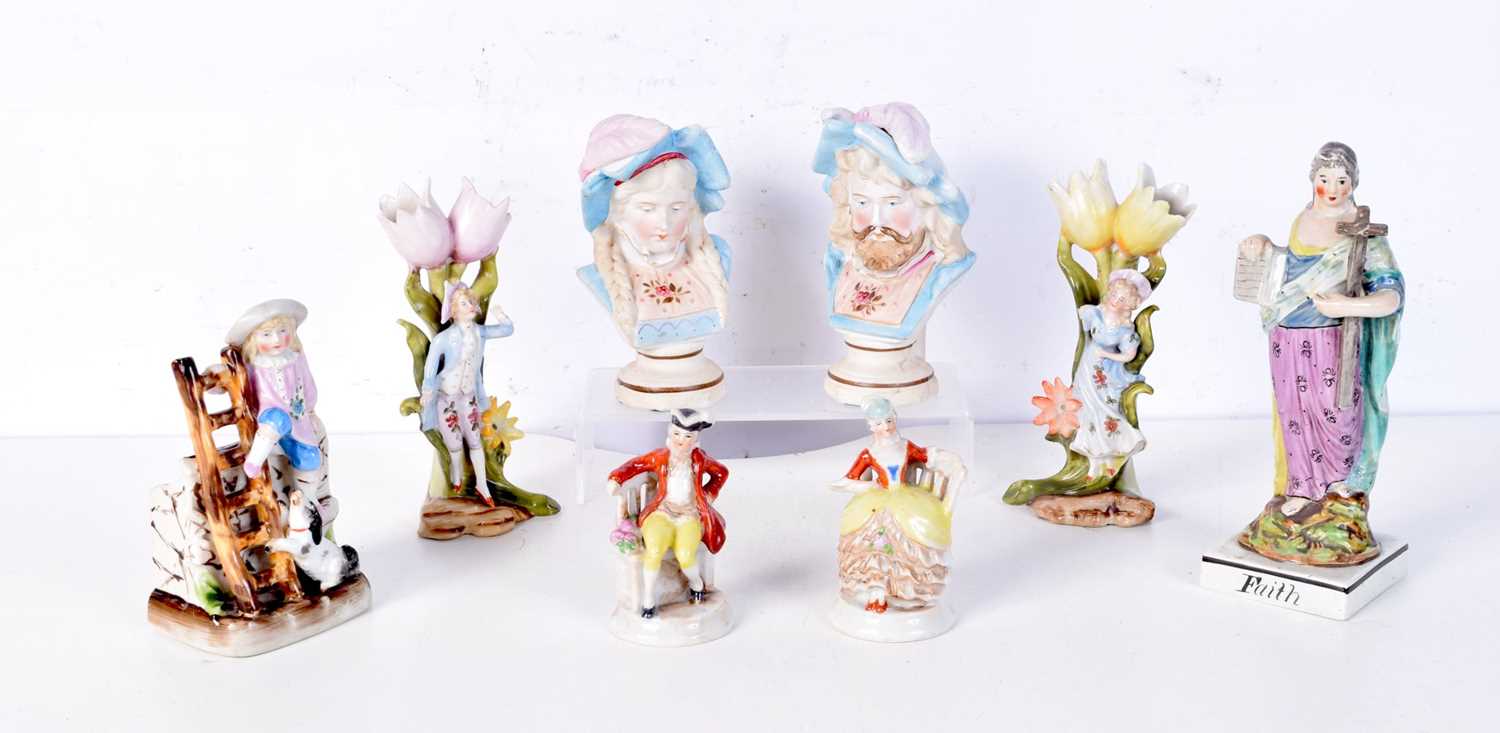 An 18th century Staffordshire figure of Hope, Faith & Charity together with other porcelain figures,