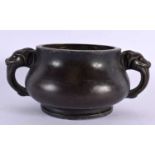 A CHINESE TWIN HANDLED BRONZE CENSER 20th Century. 18 cm wide, internal with 9 cm.