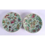 A 19TH CENTURY CHINESE CANTON FAMILLE ROSE CELADON PLATES painted with birds and foliage. 18 cm