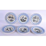 A SET OF SIX RARE ANTIQUE GIEN BLUE AND WHITE PUZZLE PLATES. 18 cm diameter. (6)