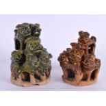 A PAIR OF 19TH CENTURY CHINESE GLAZED POTTERY ORNAMENTS Qing. 10 cm x 7 cm.