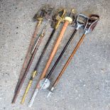 FOUR ANTIQUE NAVAL SWORDS together with two shooting sticks. (6)